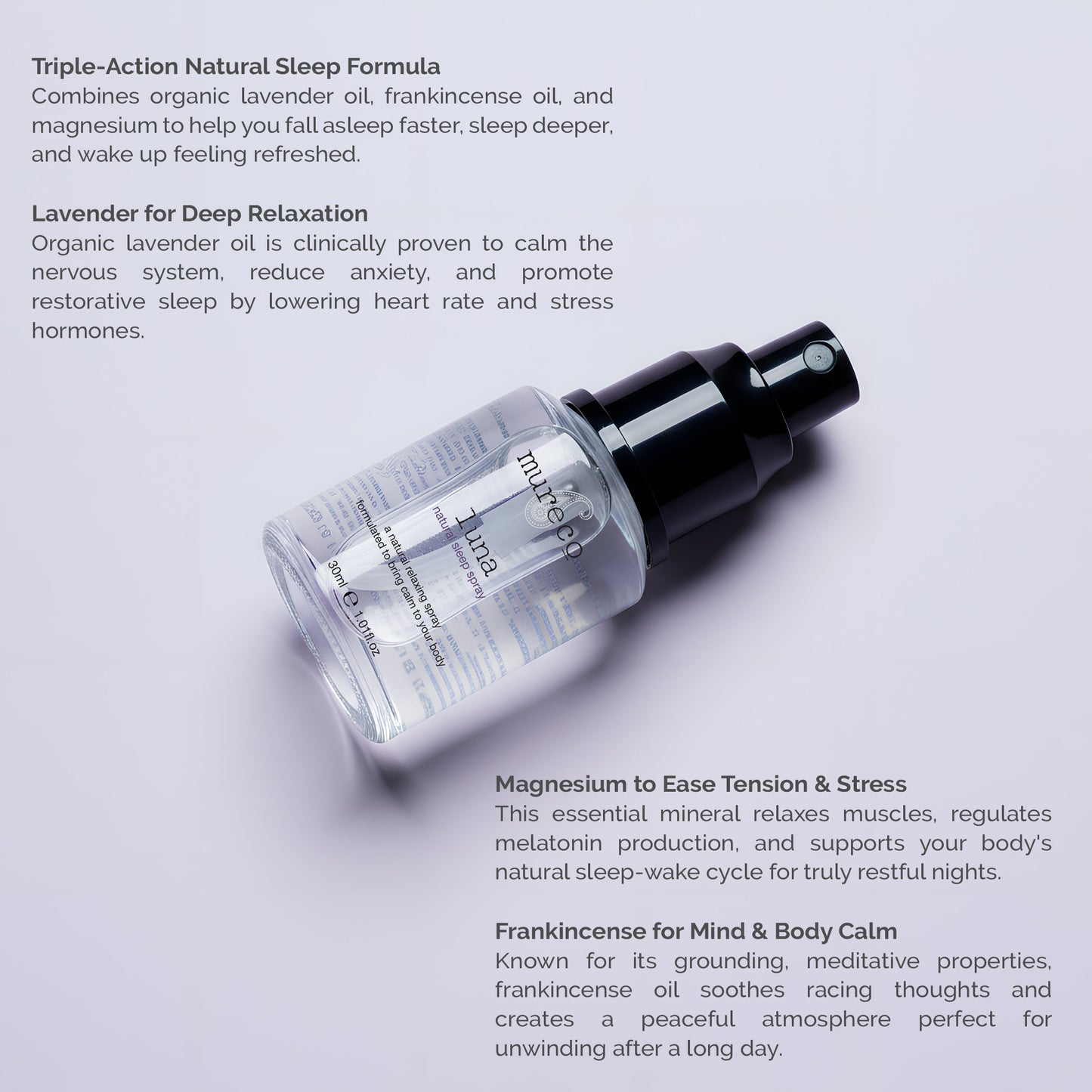 Mureco Luna Sleep Spray ingredients – organic lavender, frankincense, magnesium